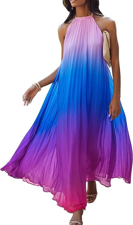 Paintcolors Women's Casual Halter Sleeveless Pleated Long Maxi Dress Backless Loose Ombre Summer ... | Amazon (US)