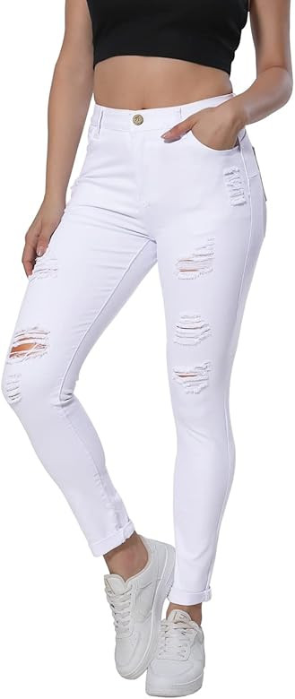 HUNGSON Women High Waist Skinny Stretch Ripped Jeans Destroyed Denim Pants | Amazon (US)