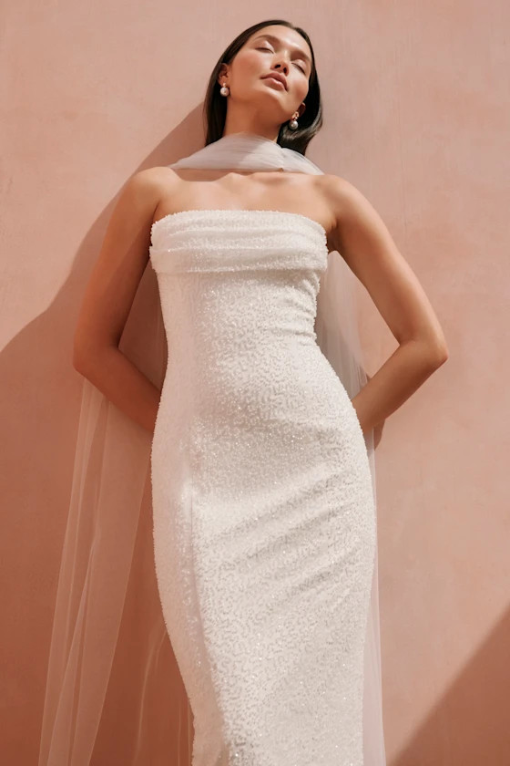 Catriona White Beaded Cowl Neck Strapless Maxi Dress | Lulus