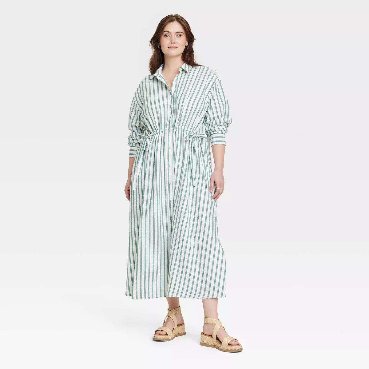 Women's Long Sleeve Cinch Waist Maxi Shirtdress - Universal Thread™ Green Striped XXL | Target