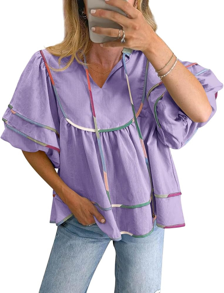 Cicy Bell Womens Summer Babydoll Tops V Neck Short Lantern Sleeve Shirts Cute Loose Fit Peplum Fl... | Amazon (US)