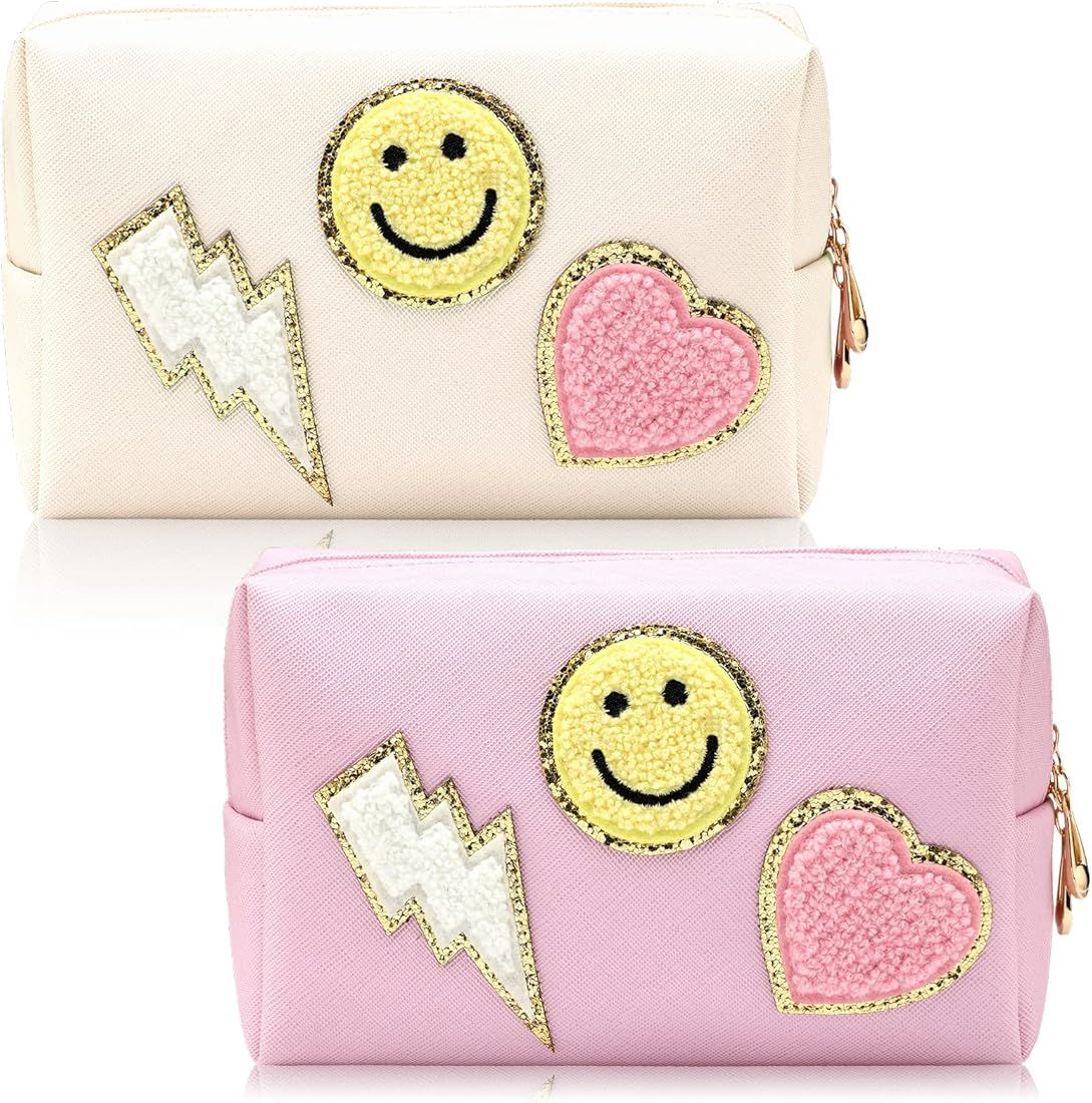 2 Pieces Preppy Patch Makeup Bag Small Smile Heart Preppy Cosmetic Bag PU Leather Portable Waterp... | Amazon (US)