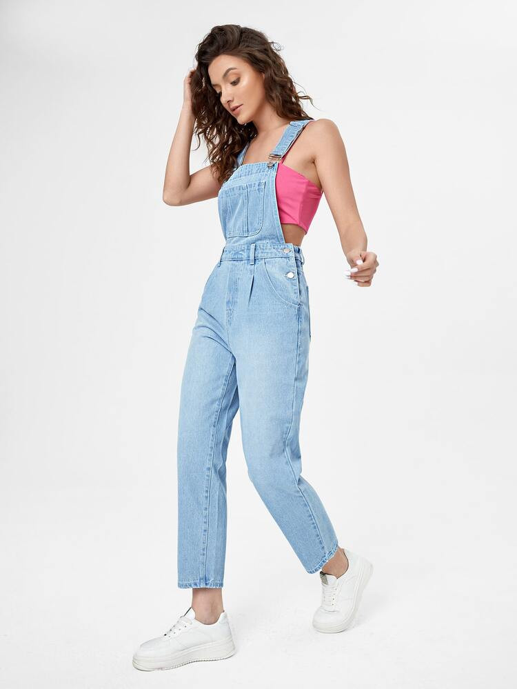 Washed Kangaroo Pocket Denim Overalls | SHEIN