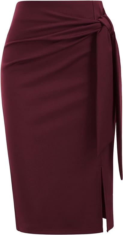 Kate Kasin Women's Skirt Elastic High Waist Bow Tie Knee Length Stretch Bodycon Pencil Skirts with Slit | Amazon (US)