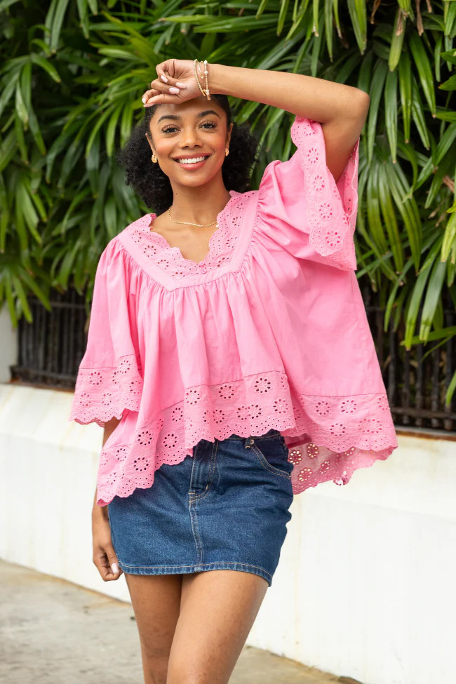 No Regrets Pink Eyelet Detail Popover Short Sleeve Blouse | Pink Lily