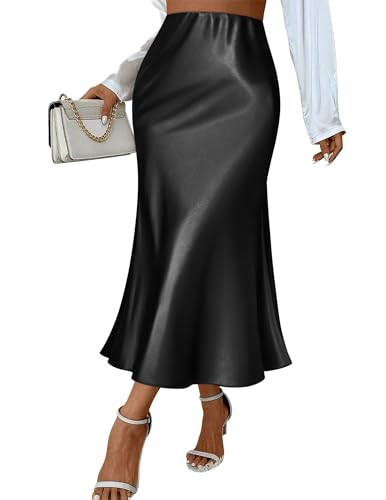 Zeagoo Silk Skirts for Women Midi Black Satin Skirt Trendy High Waist Long Skirt Summer A Line Silk Slip Skirts, Black XL | Amazon (US)