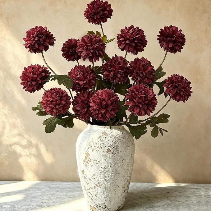Thewe 6 Pcs Fake Pompon Mums Artificial Flowers for Vase Filler, | Amazon (US)