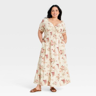 Women's Western Puff Short Sleeve Smocked Midi A-Line Dress - Universal Thread™ Cream Floral 1X | Target