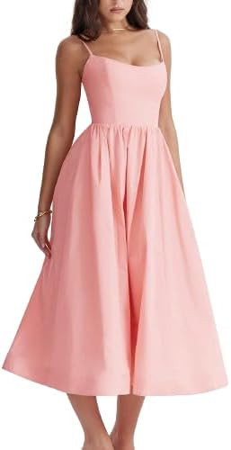 Womens Corset Dress Elegant Spaghetti Strap Bustier Midi Dress Low Cut Flowy Pleated Hem Fashion ... | Amazon (US)