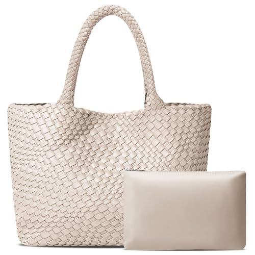 DSGUTWO Large Woven Tote Bag for Women Vegan Leather Braided Handbag, and Purses, Top Handle Shoulder Bags (Rice White) | Amazon (US)