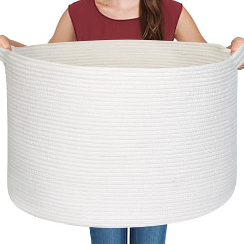MEGASKET White Cotton Rope Storage Basket, 22" X 22" X 14" Extra Large Blanket Storage Living Room, XL Soft Toy Bin for Organizing, Woven Baby Laundry Basket with Handle, White Wicker Hamper Nursery | Amazon (US)