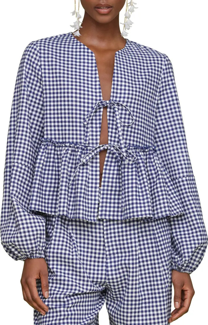 Tie Front Gingahm Linen Blend Top | Nordstrom