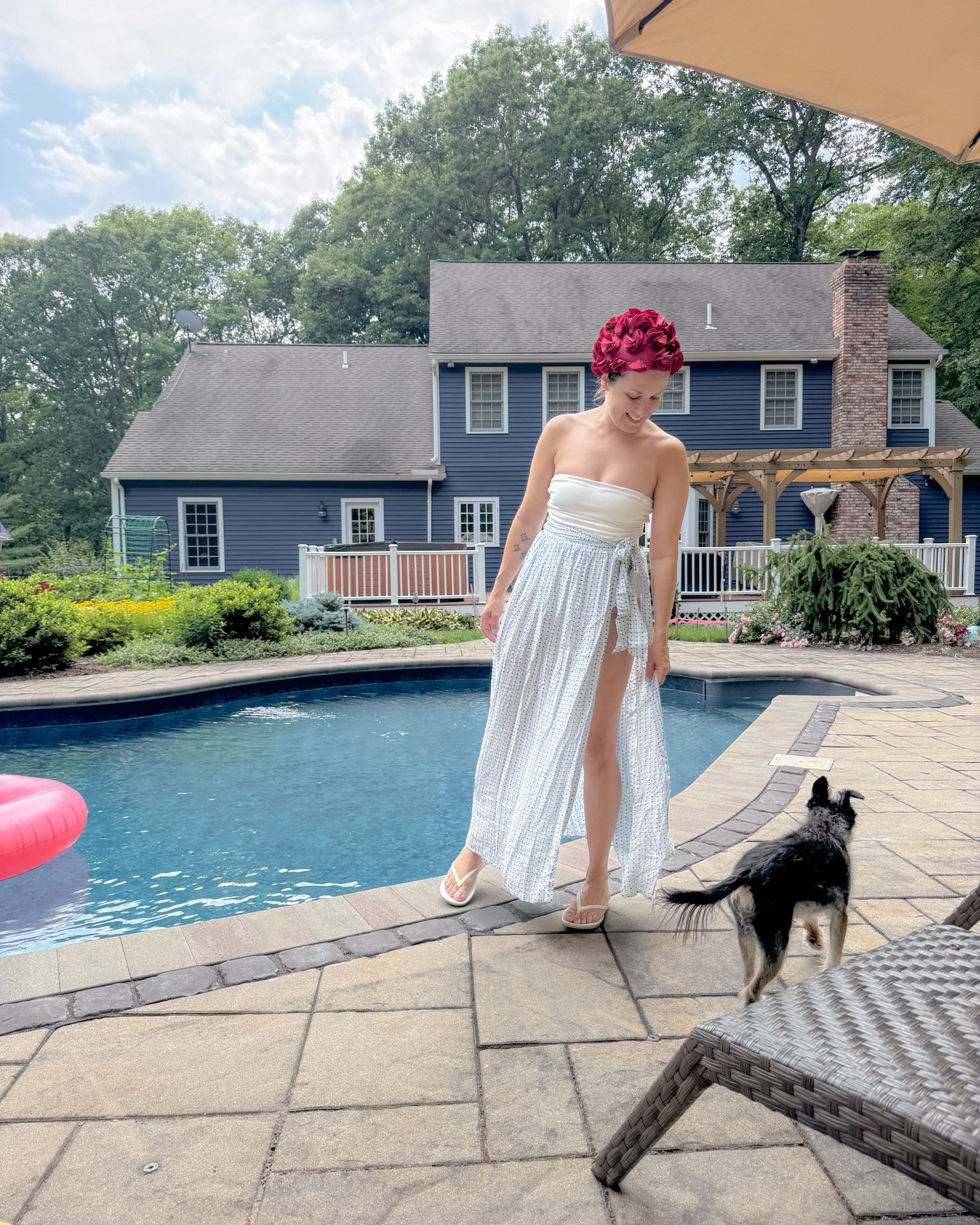 Pool day! A red white and blue swim outfit today. Swim cap and one piece strapless white swimsuit from Amazon, maxi coverup skirt is older from Shop Bop. Flip flops are Fit Flop.

#LTKdayinmylife #LTKSeasonal #LTKSwim