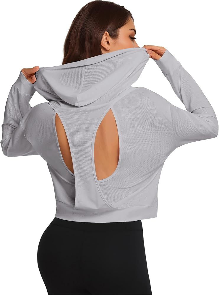Remidoo Women's Backless Cropped Hoodie Open Back Crop Top Sweatshirt Long Sleeve Workout Activew... | Amazon (US)