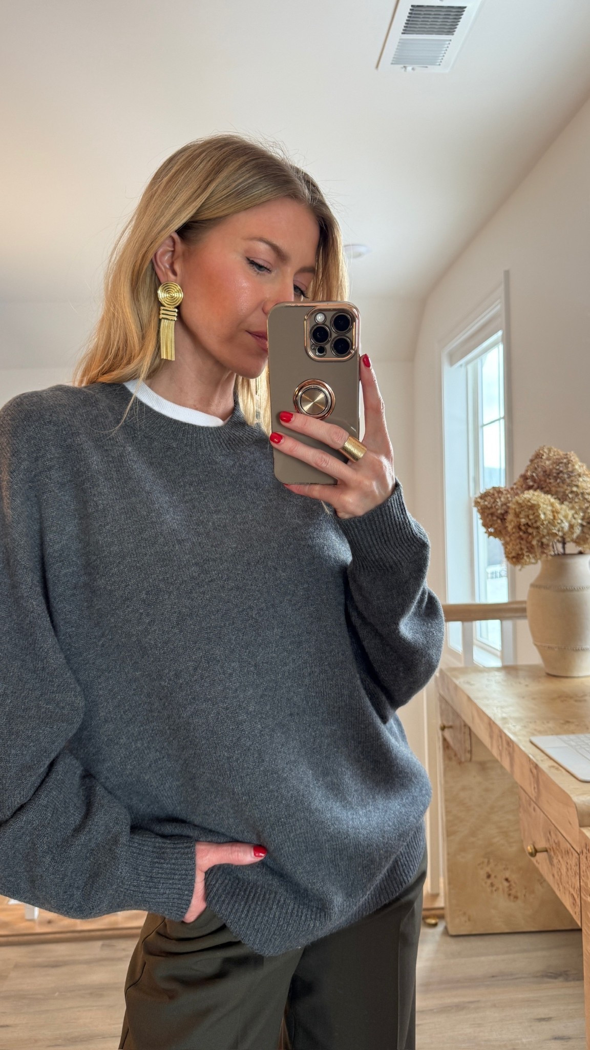 Oversized sweater + trouser pants. 
Sweater: wearing size small. 
Pants: run TTS