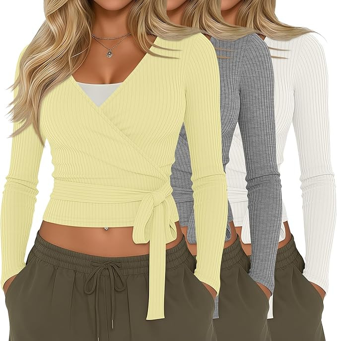 3 Pack Women's Cross Wrap Tie Top Long Sleeve Cotton Slim Fitted Ribbed Yoga Shirt Pilates Ballet... | Amazon (US)