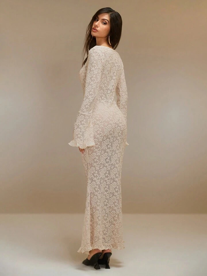 SURIMA Women's Lace Keyhole Neck Long Sleeve Fitted Elegant Dress | SHEIN