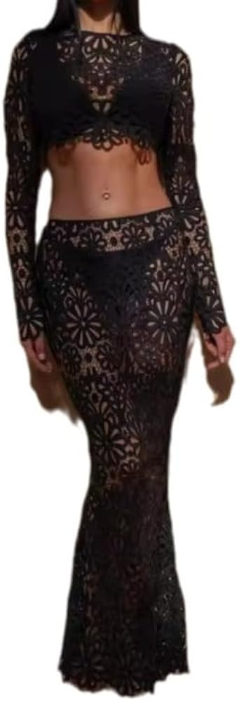 Womens Lace 2 Piece Skirt Set Long Sleeves Round Neck Floral Hollow Out Top with Maxi Skirt Y2K V... | Amazon (CA)