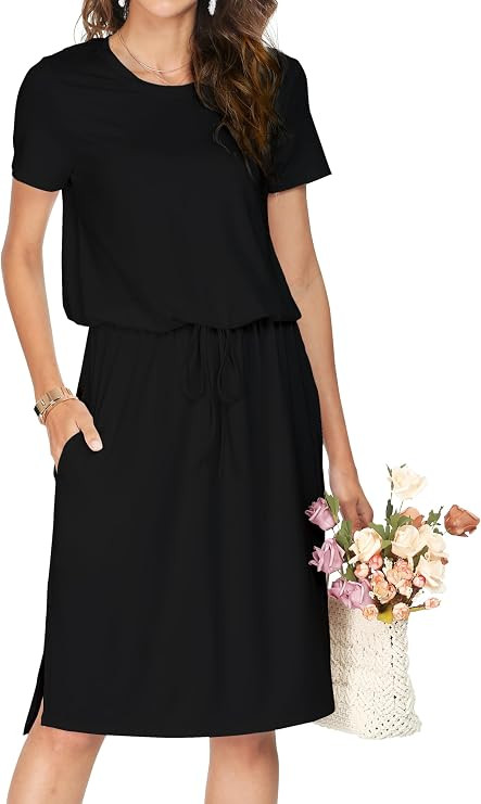 Simier Fariry Women Summer Midi Knee Casual Dress Pocket Hide Belly Short Sleeve Spring Work Trav... | Amazon (US)