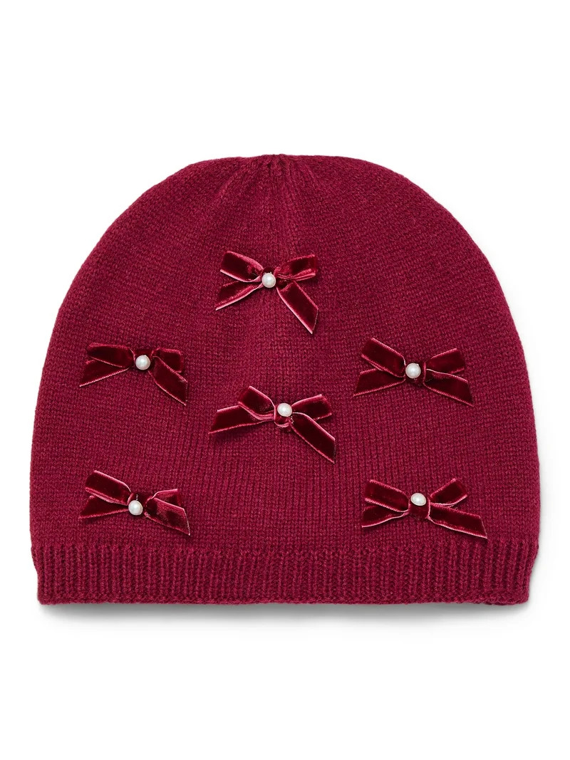 No Boundaries Velvet Bow Beanie Hat, One Size, Sparkling Merlot, Women's | Walmart (US)