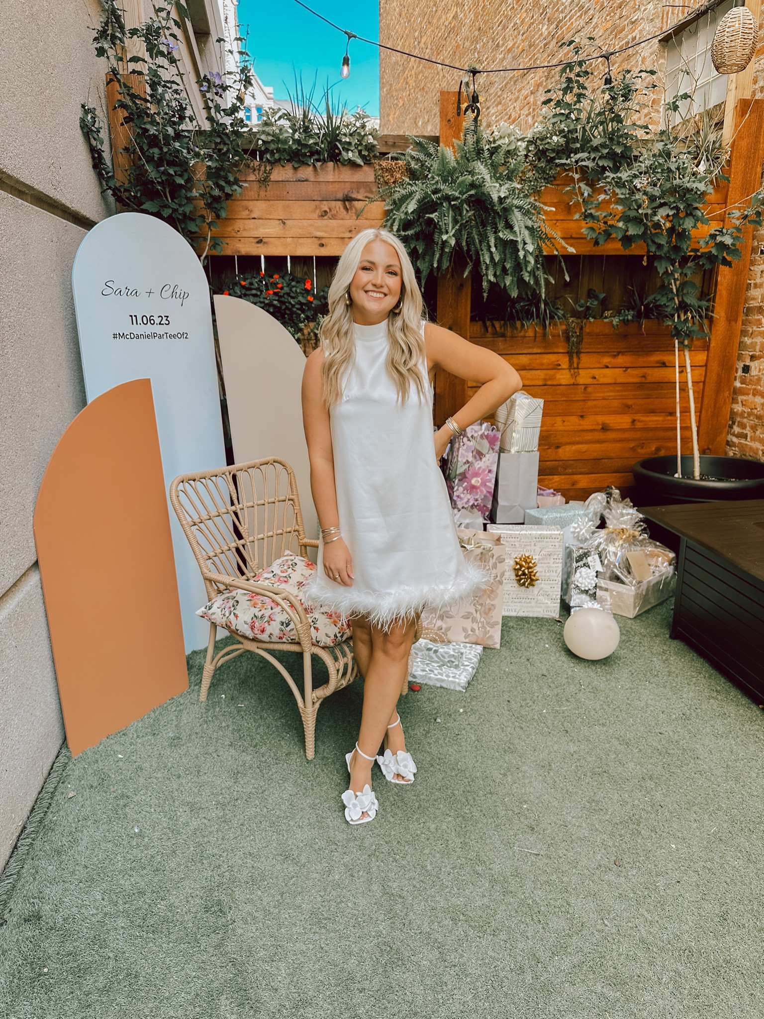 wedding shower dress / outfit details 

wedding / shower / bride / engaged / white dress / feathers / fiancé 

#LTKwedding #LTKSeasonal #LTKshoecrush