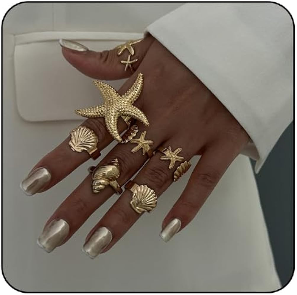 MIFYNN Chunky Gold Starfish Seashel Ring for Women Dainty Conch Pearl Ring Set Boho Ocean Stackab... | Amazon (US)