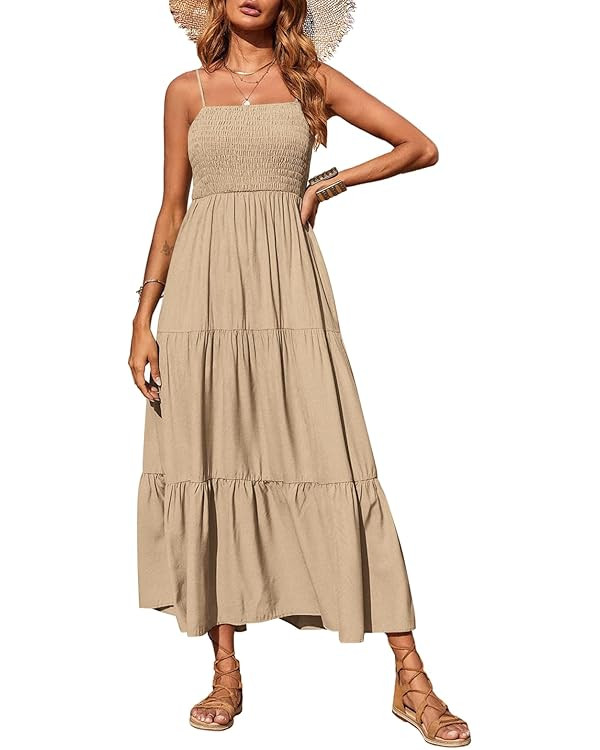 PRETTYGARDEN Women's Summer Maxi Dress 2025 Casual Boho Sleeveless Spaghetti Strap Smocked Tiered... | Amazon (US)