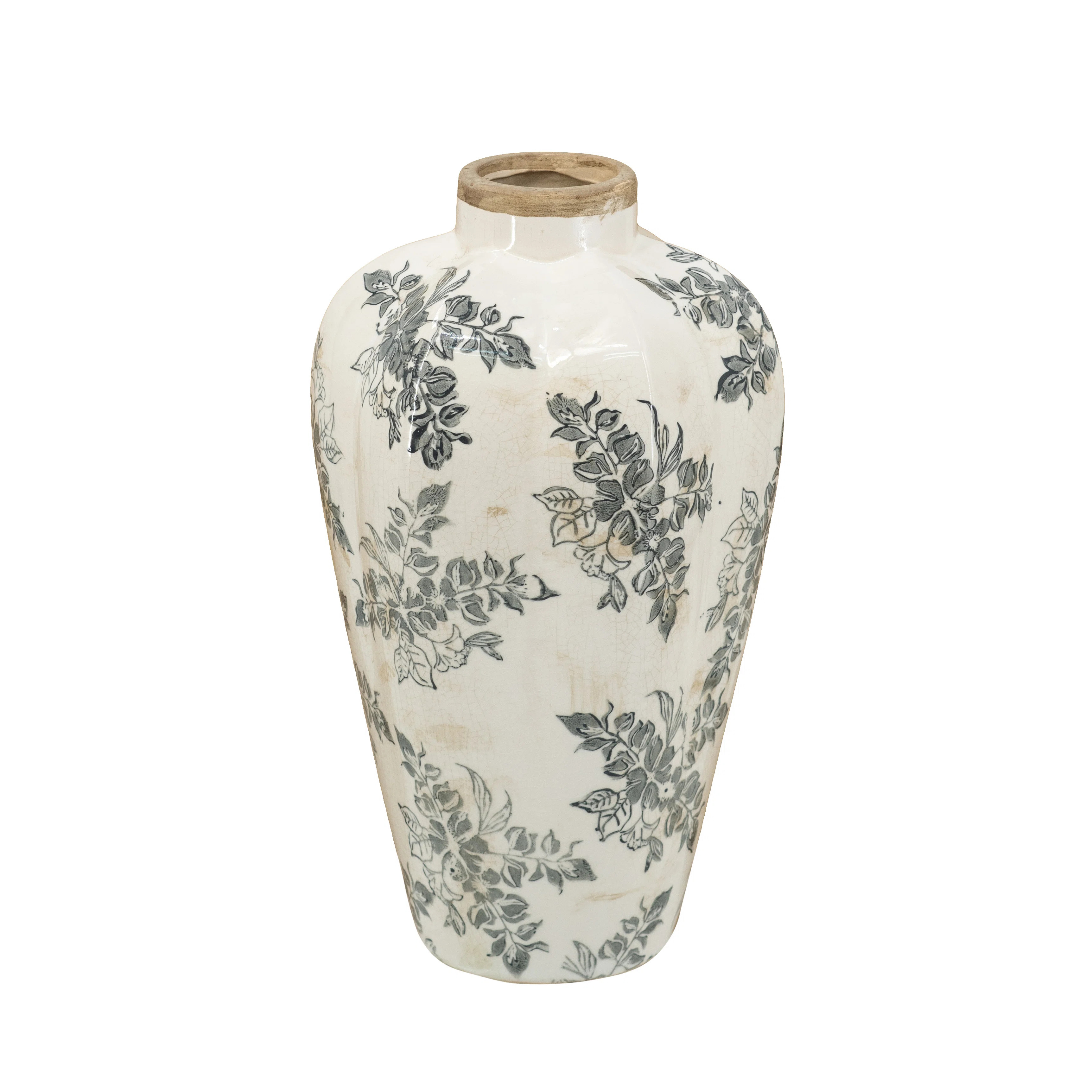 8X8x13.5" White Ceramic Accent Vase With Gray Floral Design | Wayfair North America