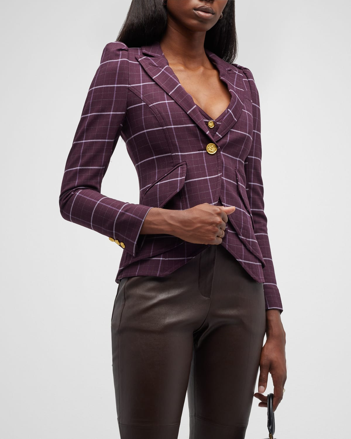 Check Puff Sleeve Blazer | Neiman Marcus