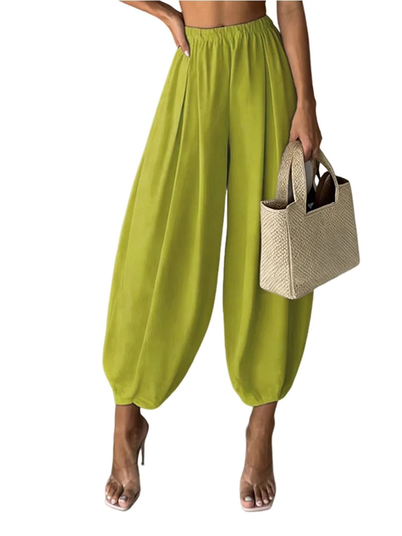 Women'S Taper Wide Leg Pants Casual Loose Elastic Waisted Beach Palazzo Cropped Pants Matcha Gree... | Walmart (US)