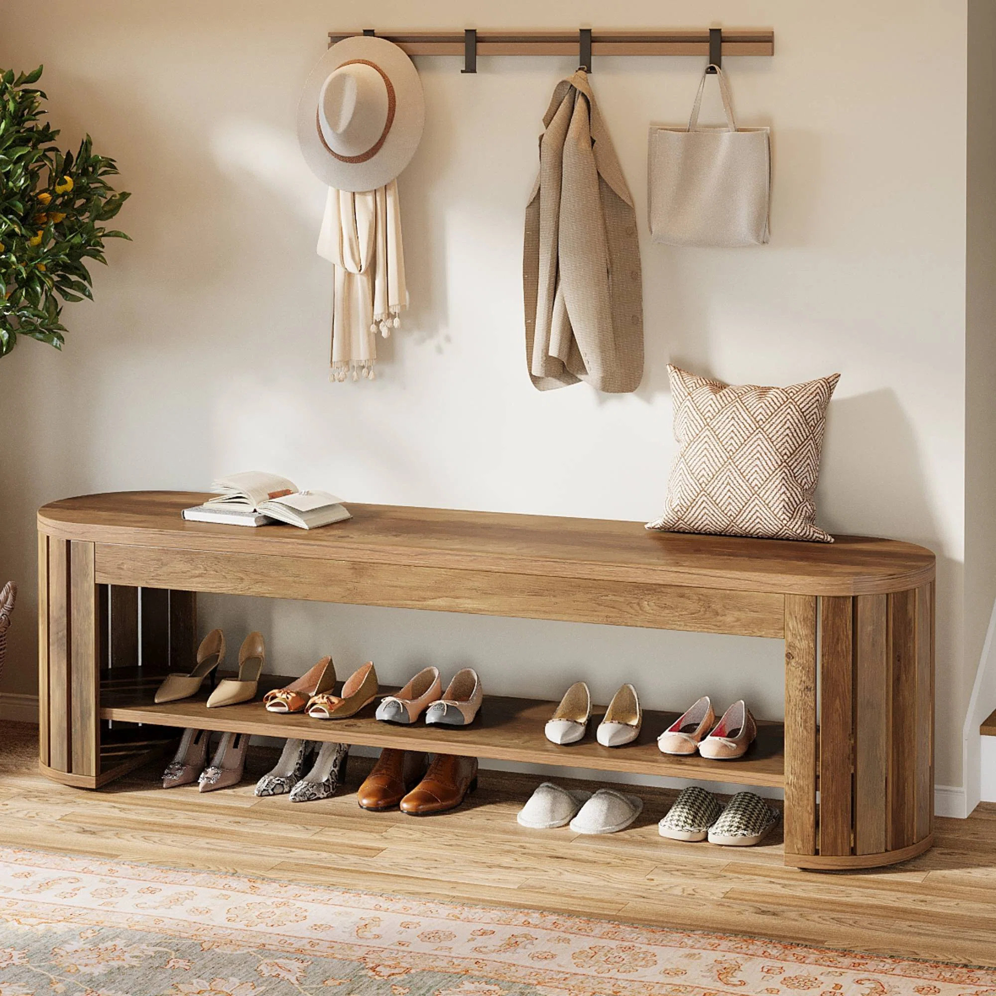Rustic Wooden Entryway Bench With Storage, Arc-Shaped Shoe Bench For Hallway | Wayfair North America