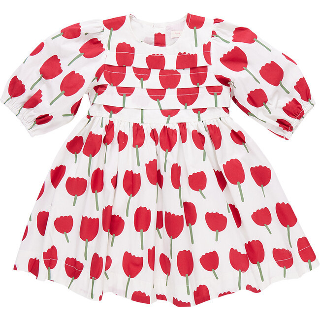 Pink Chicken | Evelyn Elastic Puff Sleeve Pleat Dress, Red Tulips (Prints, Size 12Y) | Maisonette | Maisonette