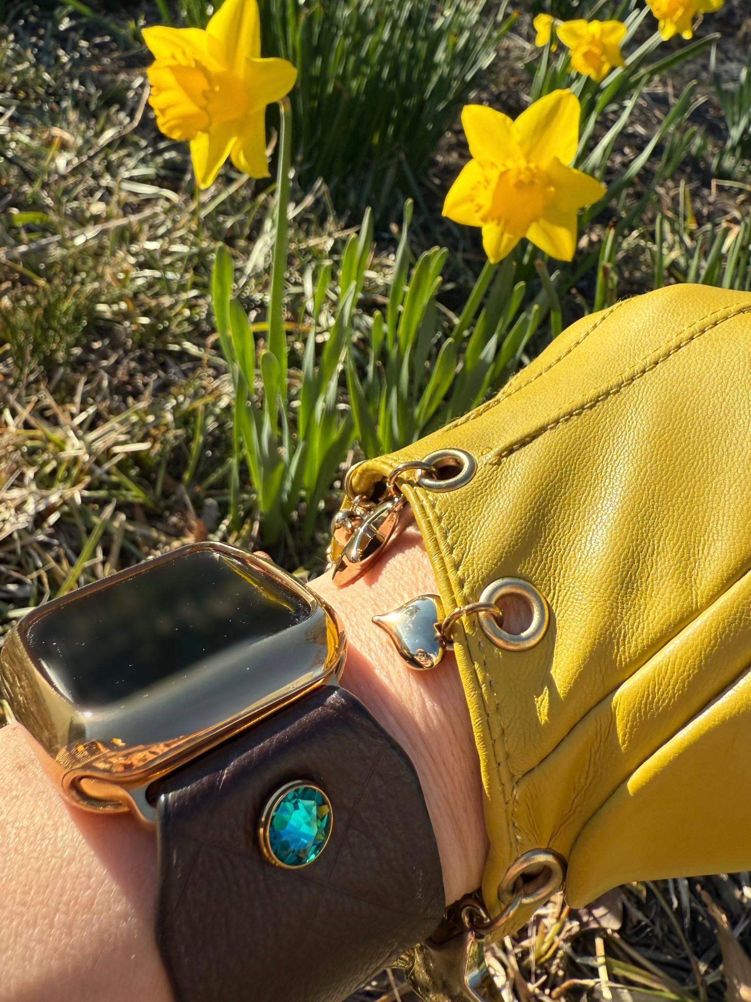 Statement gold accessories. Charm leather motorcycle gloves and apple watch bands. 

#LTKBeauty #LTKootd #LTKTravel