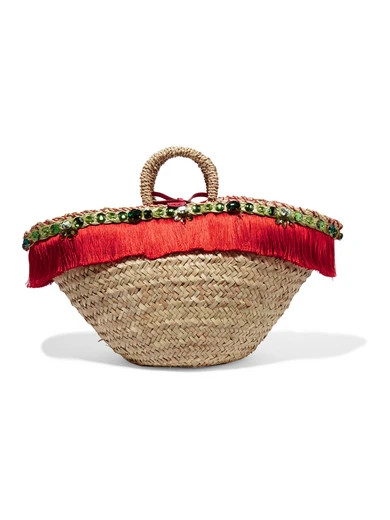 Leather-trimmed embellished woven straw tote | NET-A-PORTER (US)