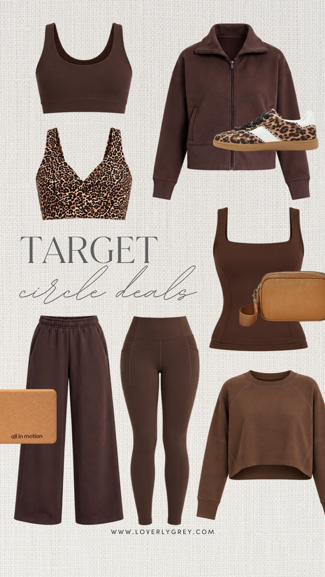 This brown Target athleisure lineup is SO good for fall. Give me a cozy zip-up, leggings, a cute sports bra and leopard sneakers and I’m set.