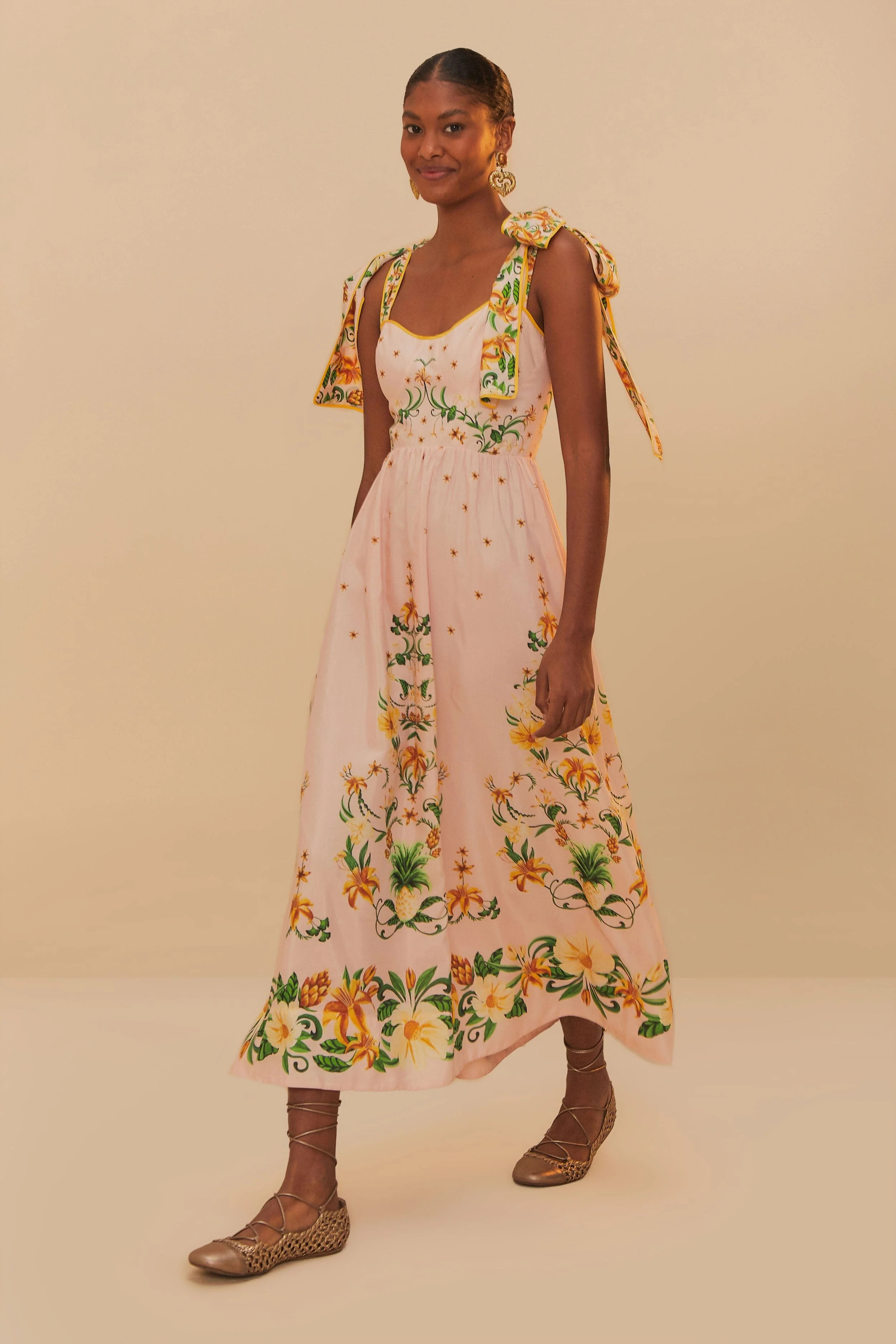 Pink Botanical Beauty Shoulder Bow Midi Dress | FarmRio (US)