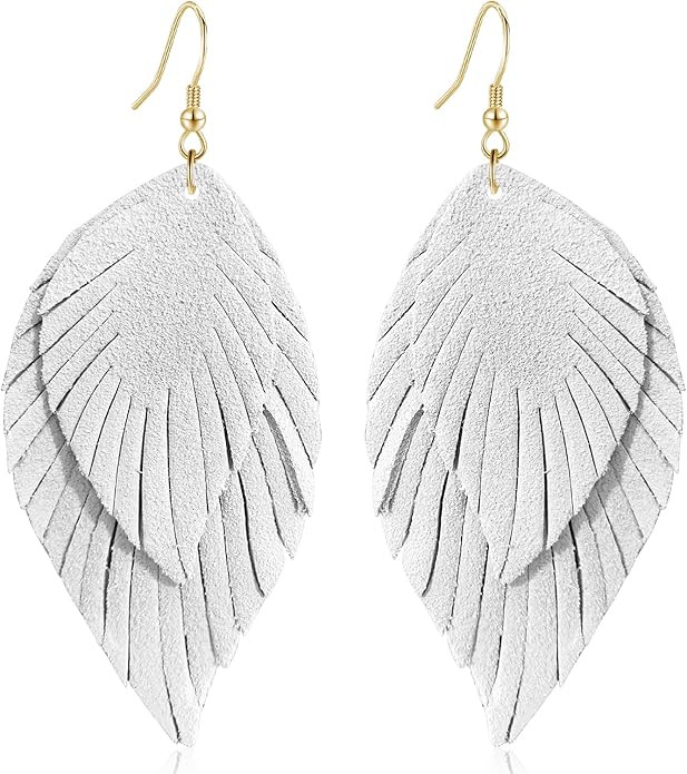 Genuine Leather Handmade Fringe Feather Lightweight Dangle Drop Earrings Teardrop Tassel Hook Ear... | Amazon (US)