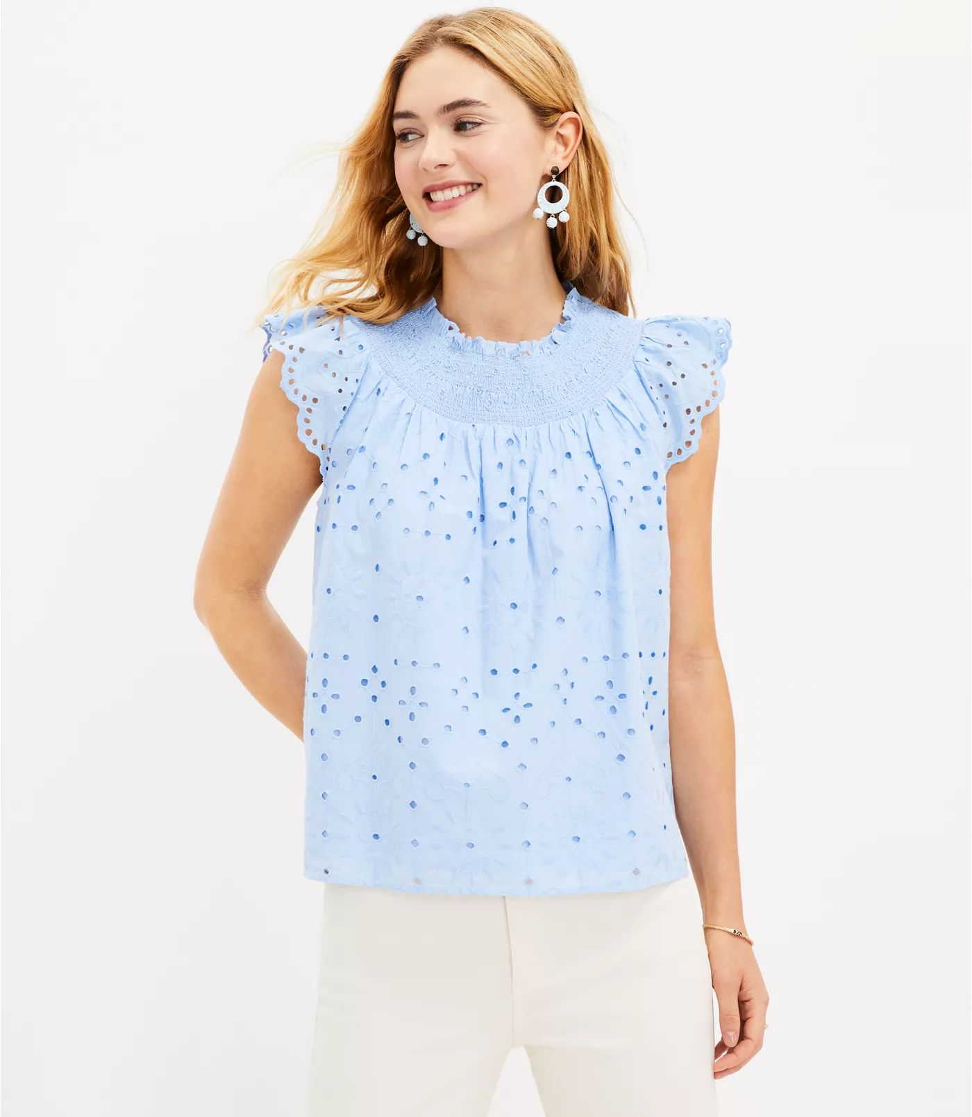 Eyelet Smocked Neck Top | LOFT