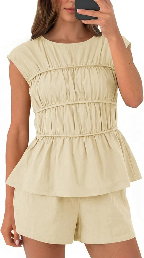 Womens Summer Smocked 2 Piece Short Sets Cap Sleeve Babydoll Peplum Blouse Casual Matching Set Va... | Amazon (US)