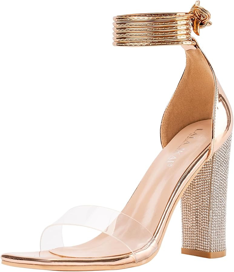 Women's High Heels Chunky Heels Sandals for Women Comfy Open Toe Strappy Rhinestone Heeled Sandal... | Amazon (US)
