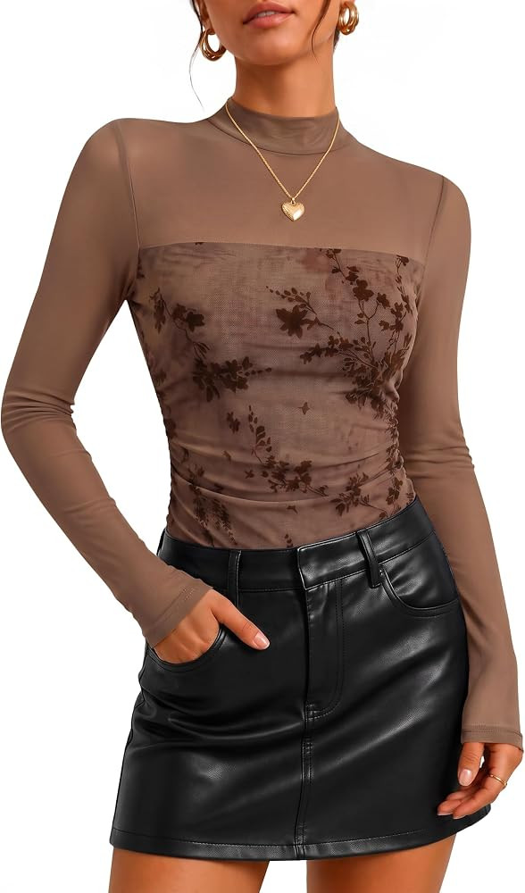 ZESICA Womens Fall Long Sleeve Turtleneck Floral Sheer Mesh Ruched Tops | Amazon (US)