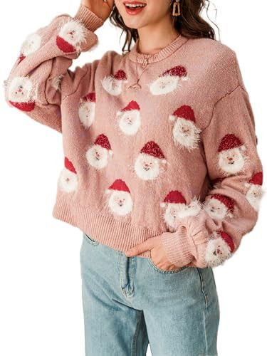 Miessial Women's Cute Santa Claus Christmas Sweater Soft Knit Adorable Holiday Sweaters 01-Pink Santa X-Large | Amazon (US)