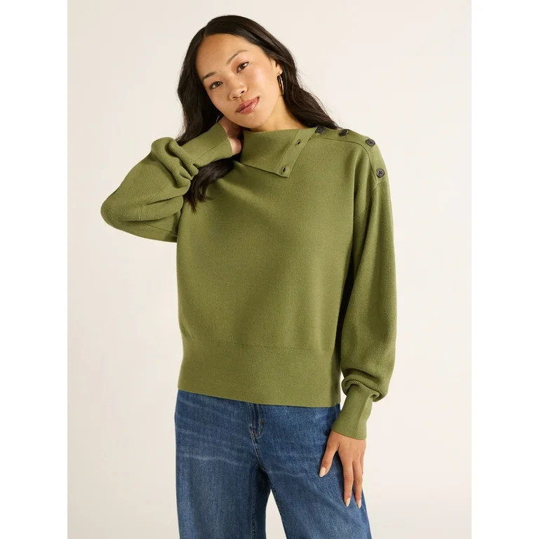 Free Assembly Women's Button Split Neck Sweater with Long-Sleeves, Midweight, Sizes XS-XXL | Walmart (US)