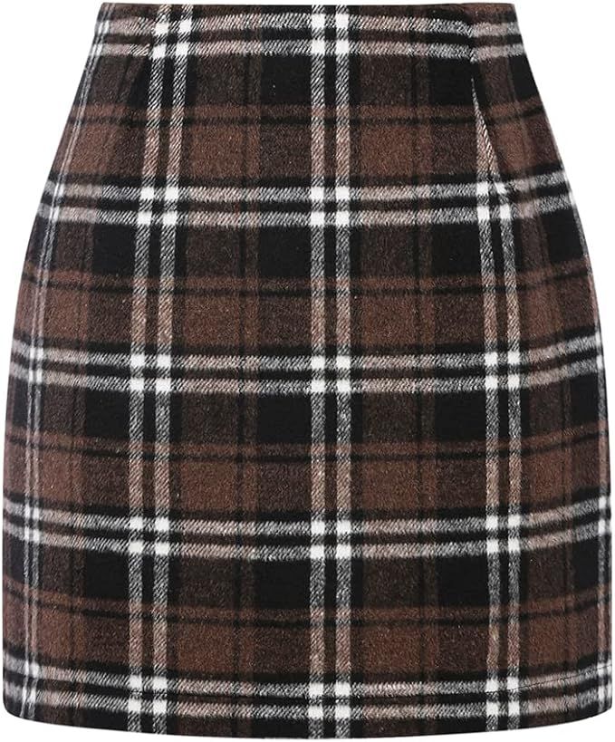 Kinghua Womens Wool Plaid Mini Skirt Fall Winter High Waisted Bodycon Pencil Skirt | Amazon (US)