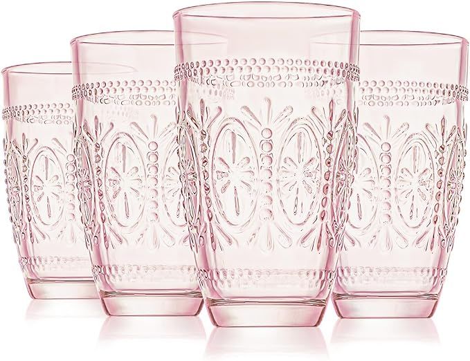 CREATIVELAND Colored Vintage Drinking Glasses Set of 4, 15.5 oz Romantic Embossed Water Glasses, ... | Amazon (US)
