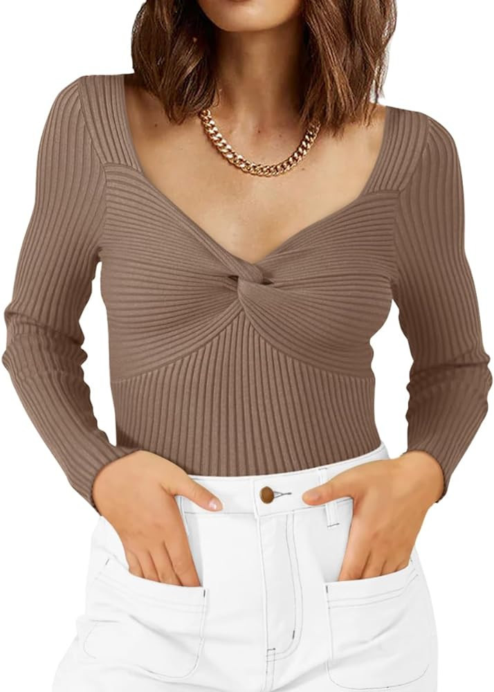 LILLUSORY Women's Sweater Sexy Twist Knot Top Ribbed Knit Long Sleeve Y2k Pullover Sweater Tops | Amazon (US)