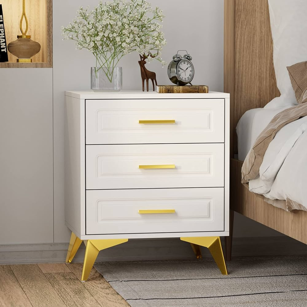 Giluta White Nightstand with 3 Drawers, Modern Night Stand with Gold Solid Metal Legs & Handles, ... | Amazon (US)