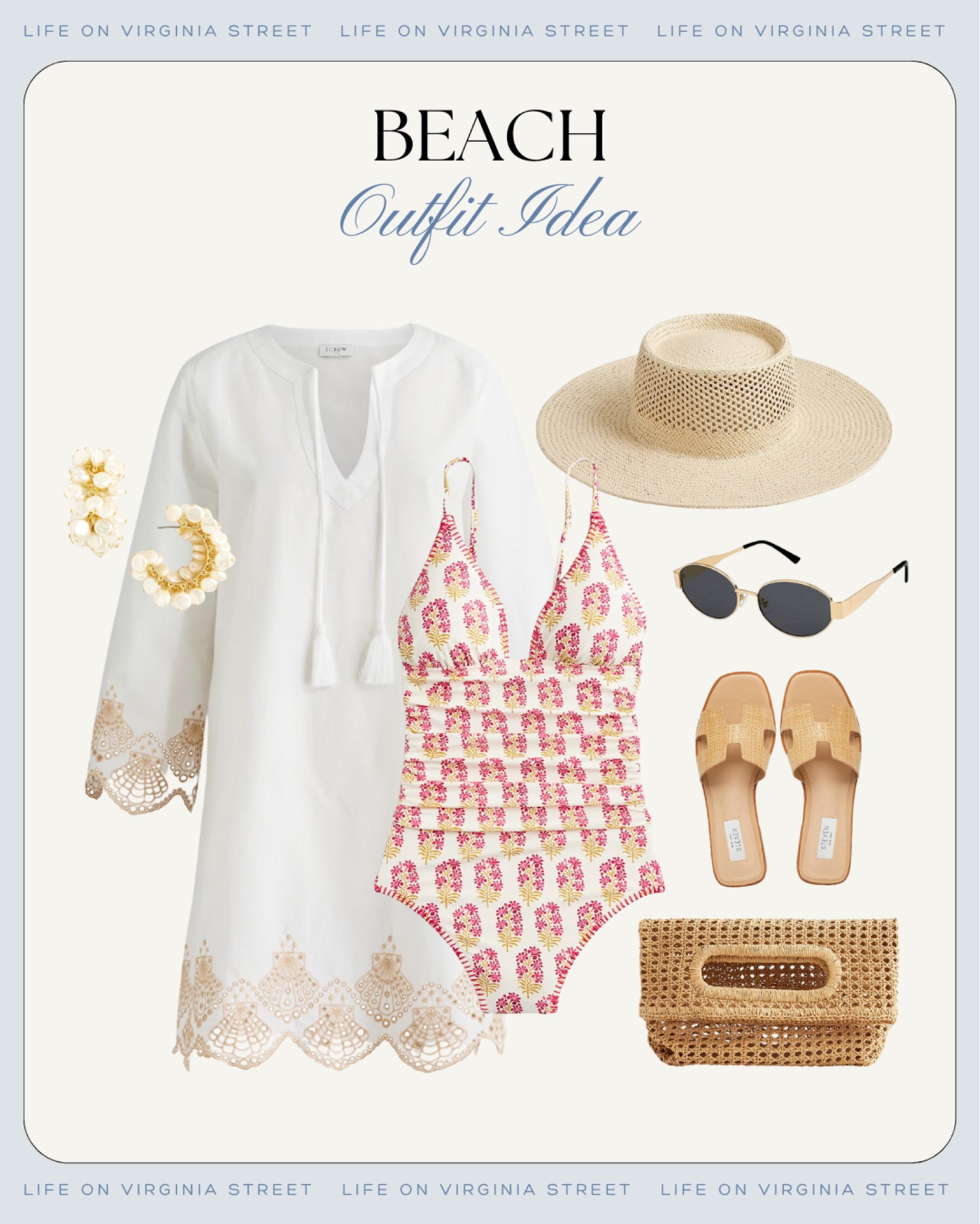 BEACH OUTFIT IDEA - I can’t get over this block print swimsuit from J Crew! It’s pairs perfectly with a white coverup, raffia sandals, straw sun hat, woven clutch and seashell earrings! Also including few look for less options.
.
#ltkswim #ltktravel #ltksalealert #ltkfindsunder50 #ltkfindsunder100 #ltkover40 #ltkstyletip #ltkseasonal resort wear, beach to brunch #ltkmidsize

#LTKTravel #LTKSwim #LTKSaleAlert