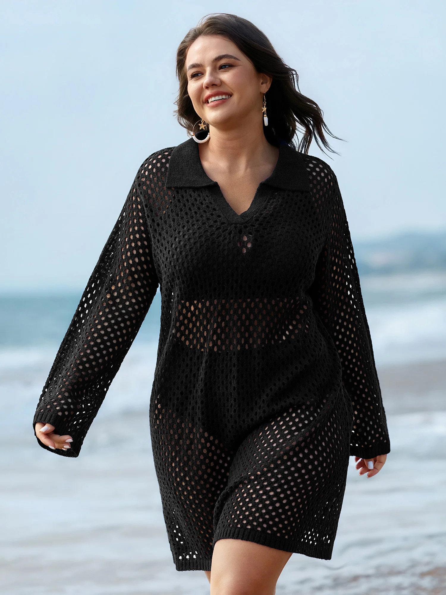 Cut-Out Sheer Collar Swim Cover-Up | Bloomchic