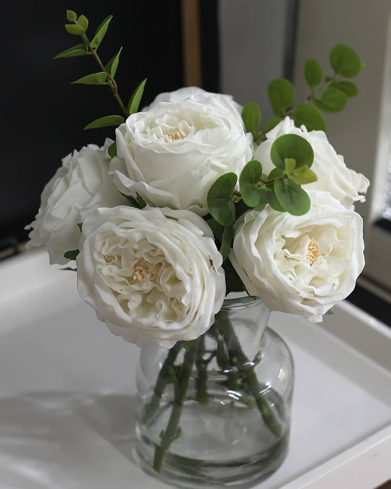 Artificial Flowers with White Roses in Vase, Fix Lifelike Fake Flowers in Vase with Artificial Wa... | Amazon (US)